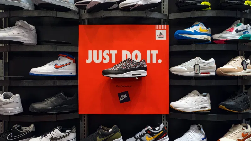Diversos tênis da marca Nike estão expostos em uma prateleira, com ênfase ao logotipo.